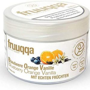 Fruuqqa Nikotinfrei 200gr Blaubeere-Orange-Vanille ist eine innovative Alternative zum herkömmlichen Shishatabak, die auf echten Früchten basiert.